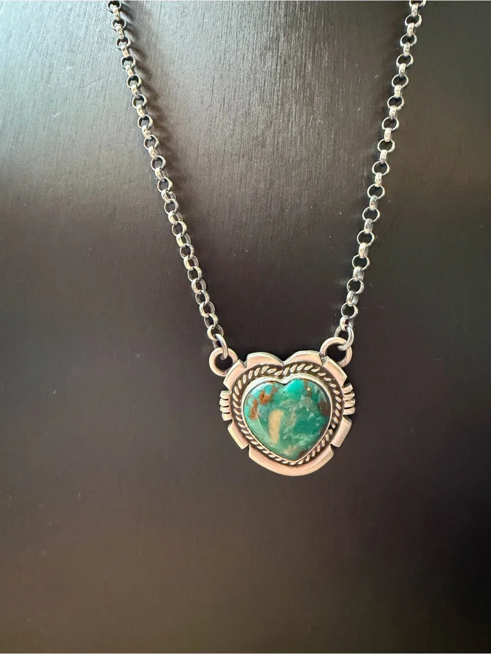 Jon McCray Navajo Handmade Sterling Silver Heart Turquoise Pendant Necklace -m